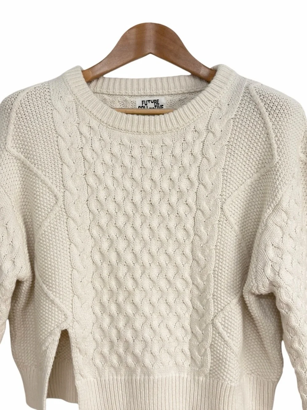 Future Collective Reese Blutstein Cropped Cable Knit Sweater White Cream Large